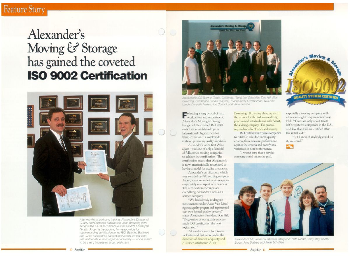 Alexander's Moving and Storage ISO 9002 article