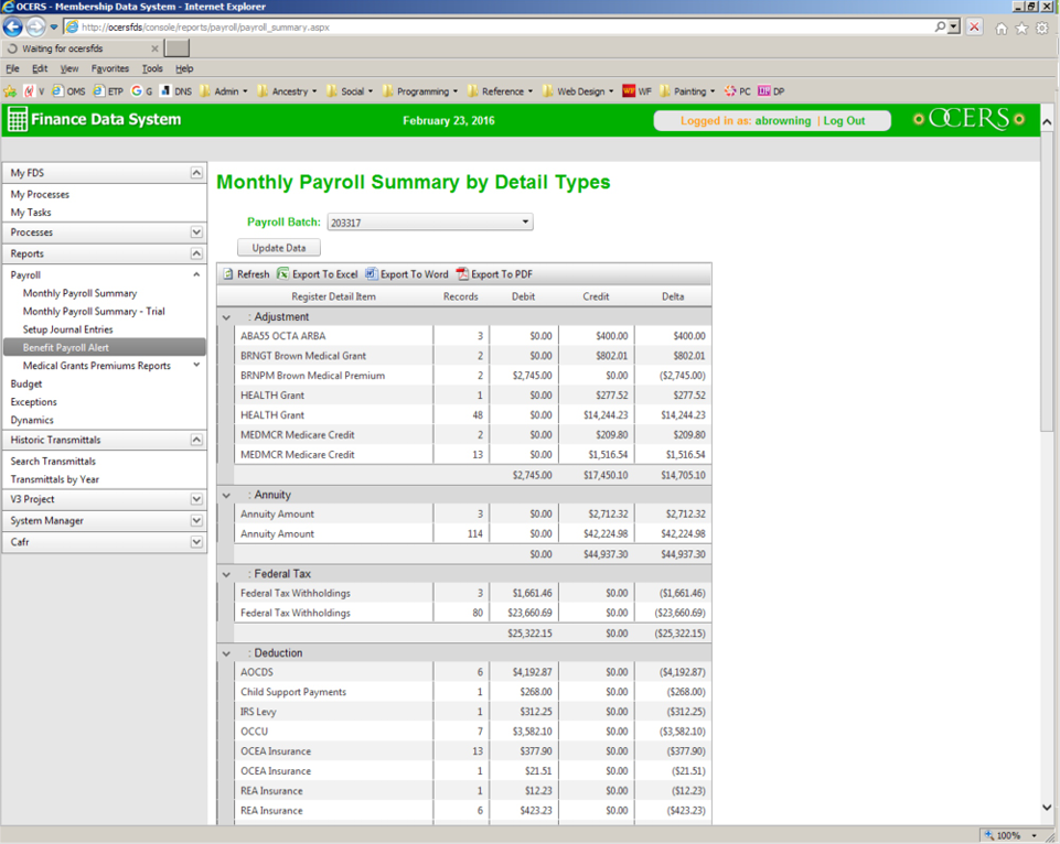 Finance Data System monthly payroll summary