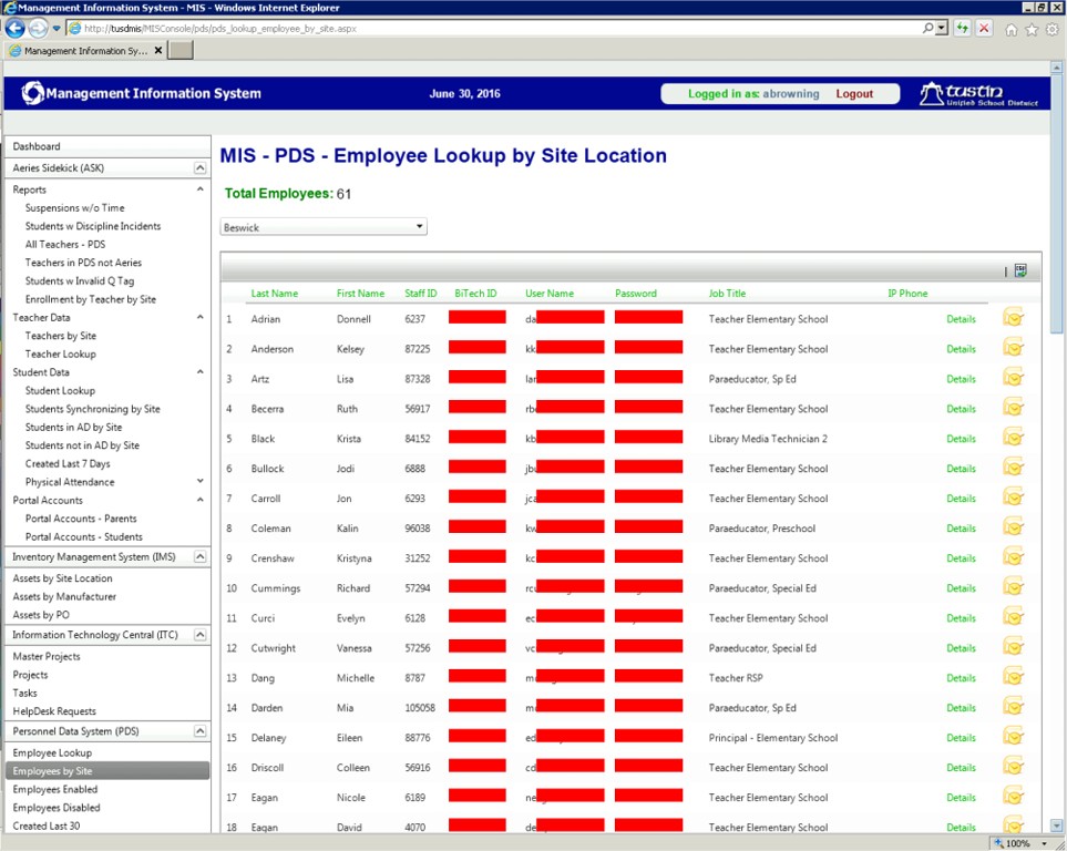 MIS employee lookup by site location