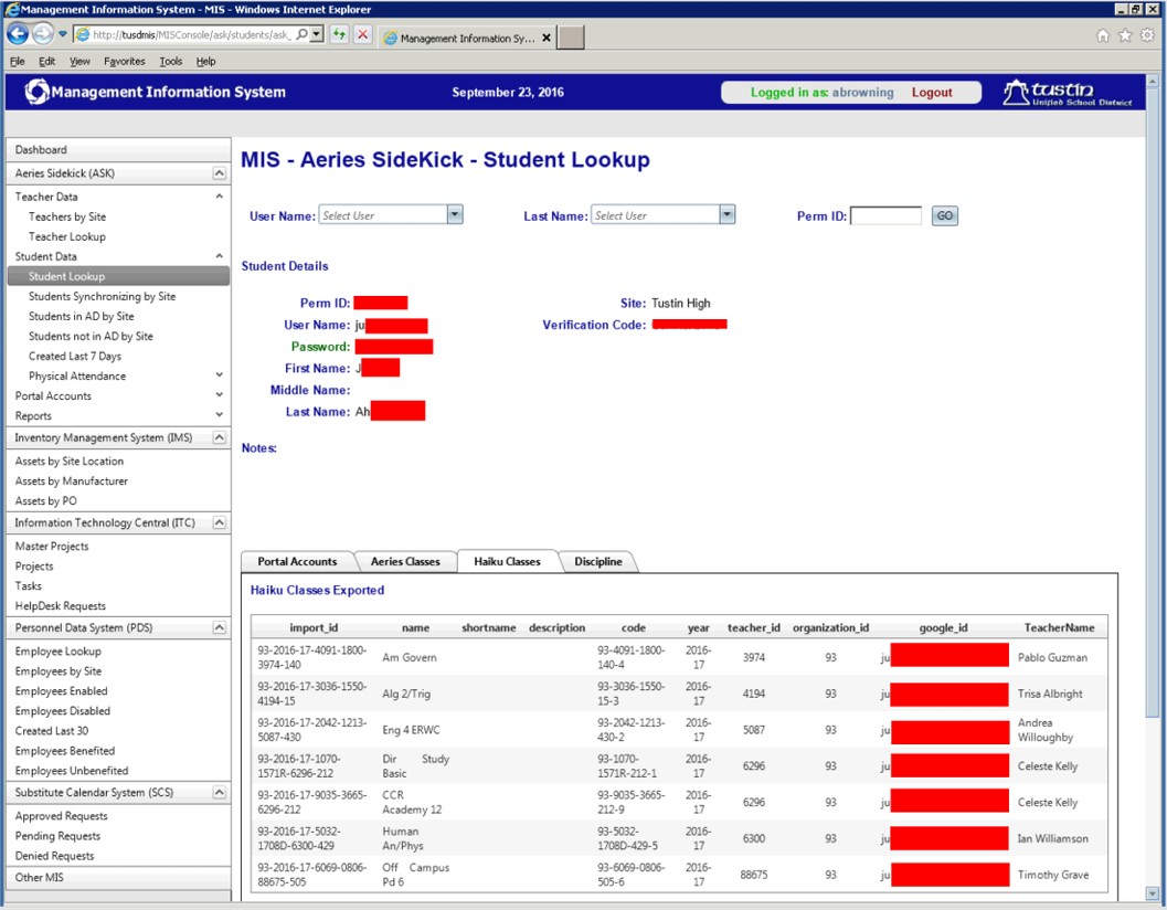 MIS Aeries SideKick student lookup