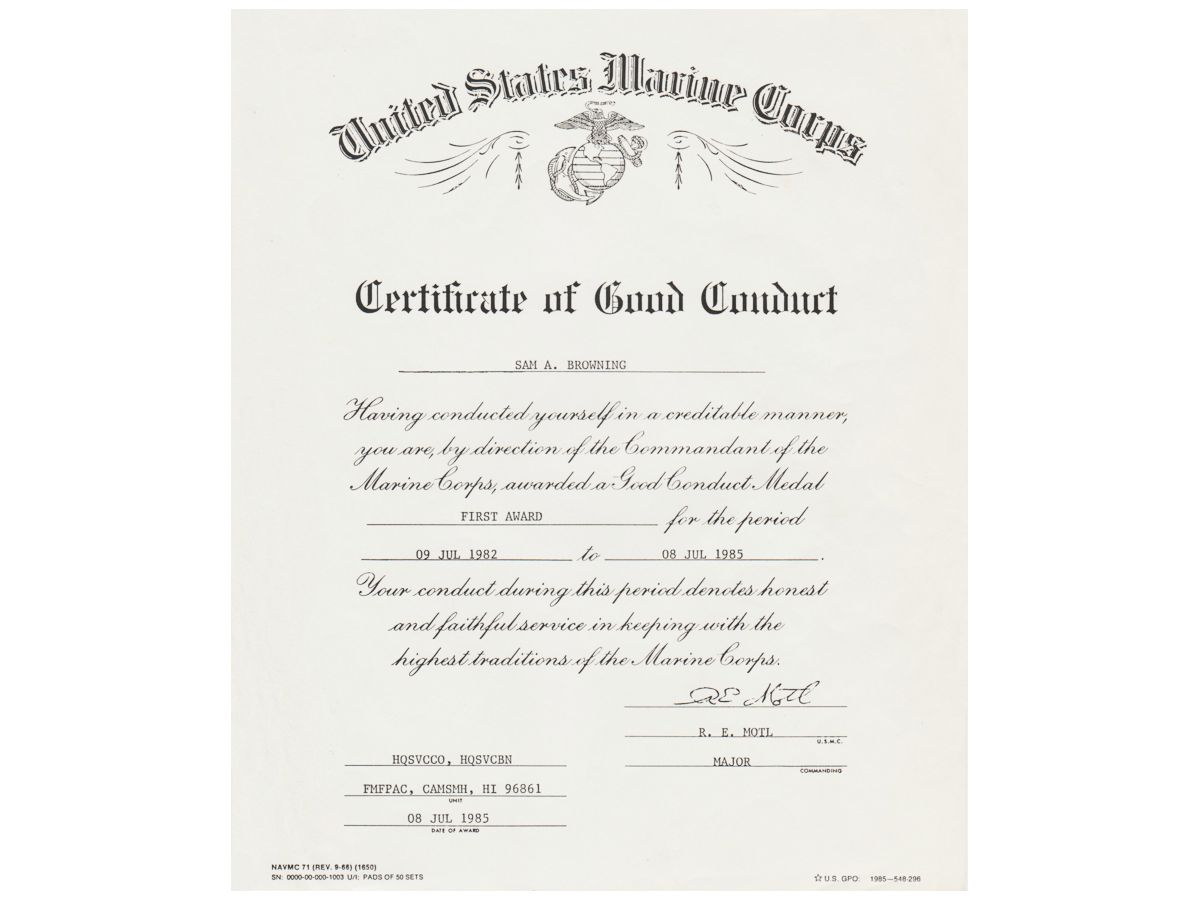 United States Marine Corps Good Conduct Medal certificate
