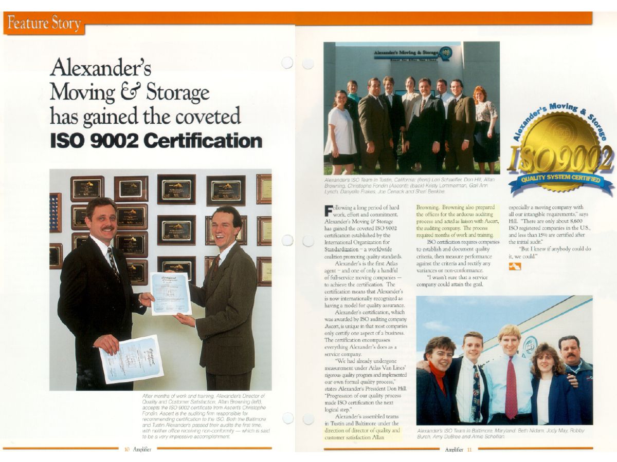 Feature story about Alexander's Moving and Storage receiving ISO 9002 certification