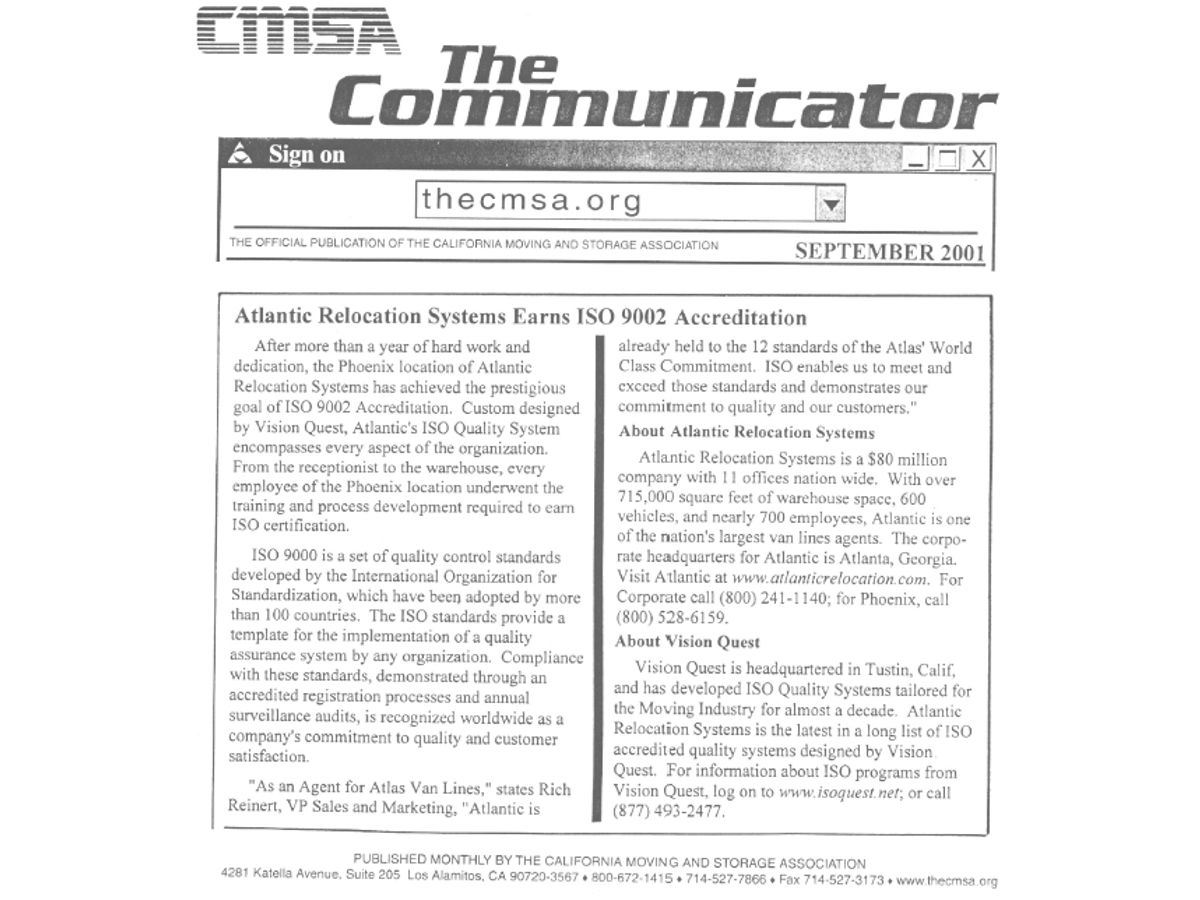 California Moving and Storage Association article about Atlantic Relocation Systems ISO 9002 accreditation