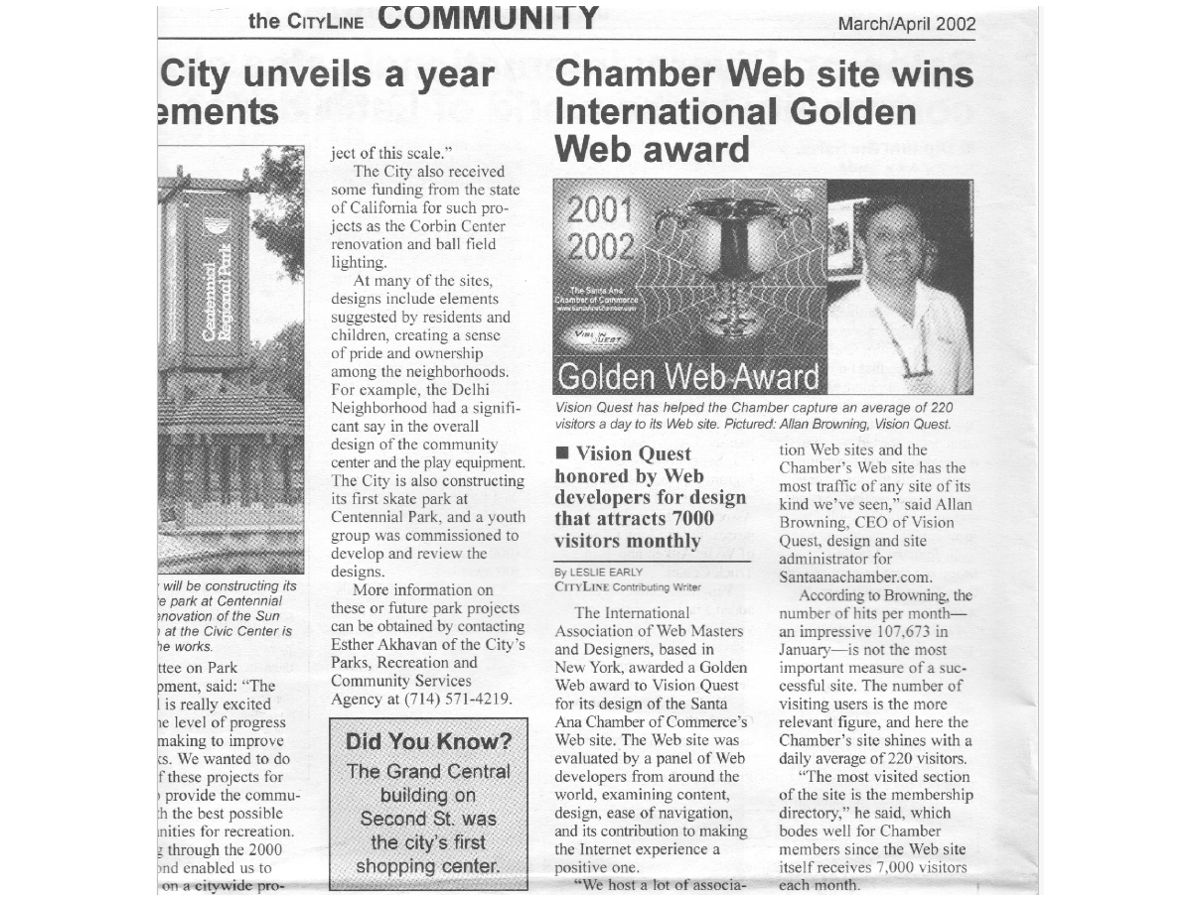 Article about Santa Ana Chamber website receiving an International Golden Web Award