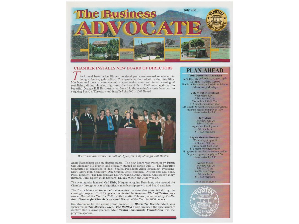 Tustin Chamber of Commerce Business Advocate article documenting installation of the new board of directors